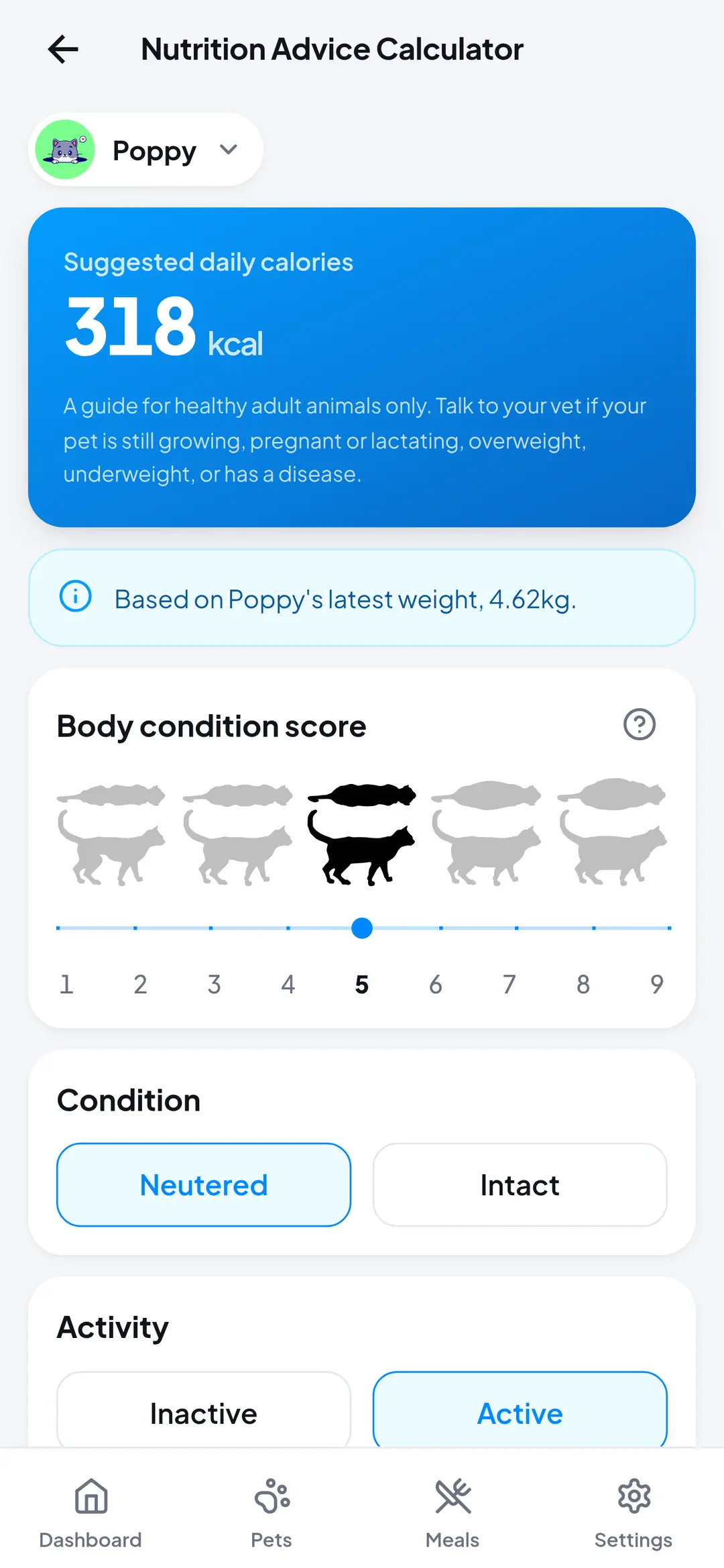 Nutrition advice calculator suggesting 318 kcal a day from weight and body condition score