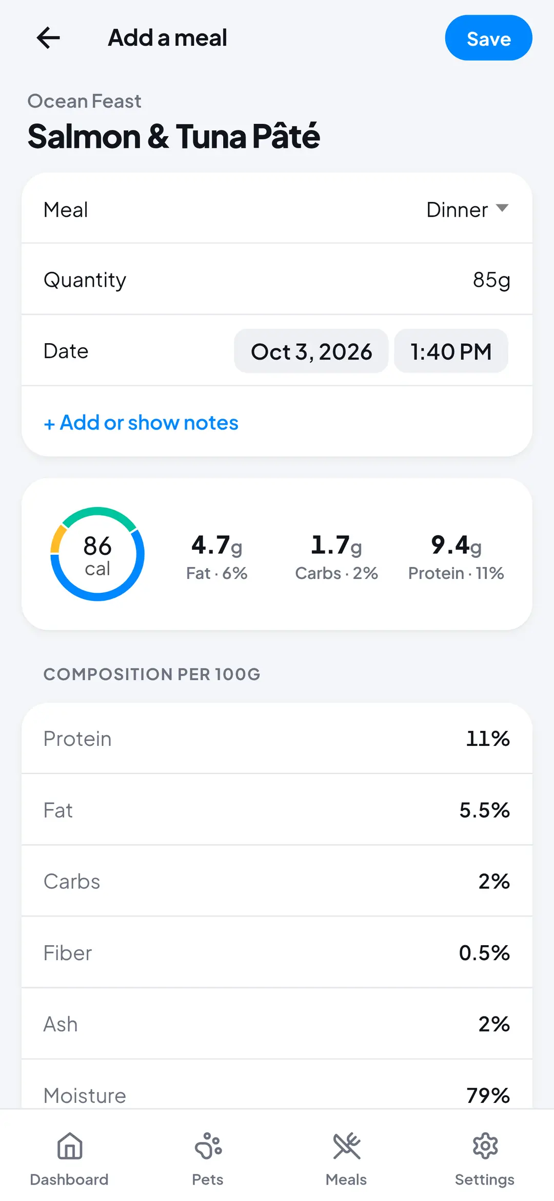 Meal details for 85 g of salmon and tuna pâté: 86 calories with fat, carbs and protein