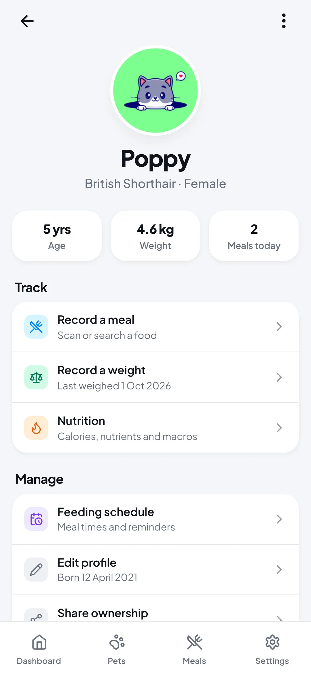 Profile of Poppy, a five-year-old British Shorthair, with shortcuts to meals, weight and sharing