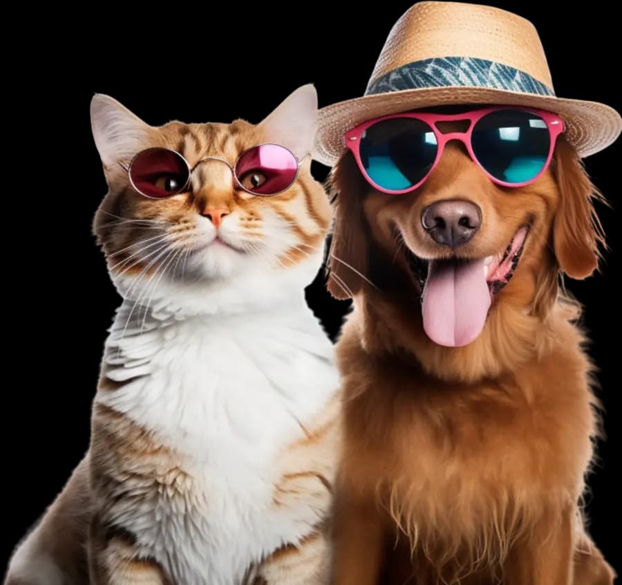 A tabby cat and a golden retriever wearing sunglasses