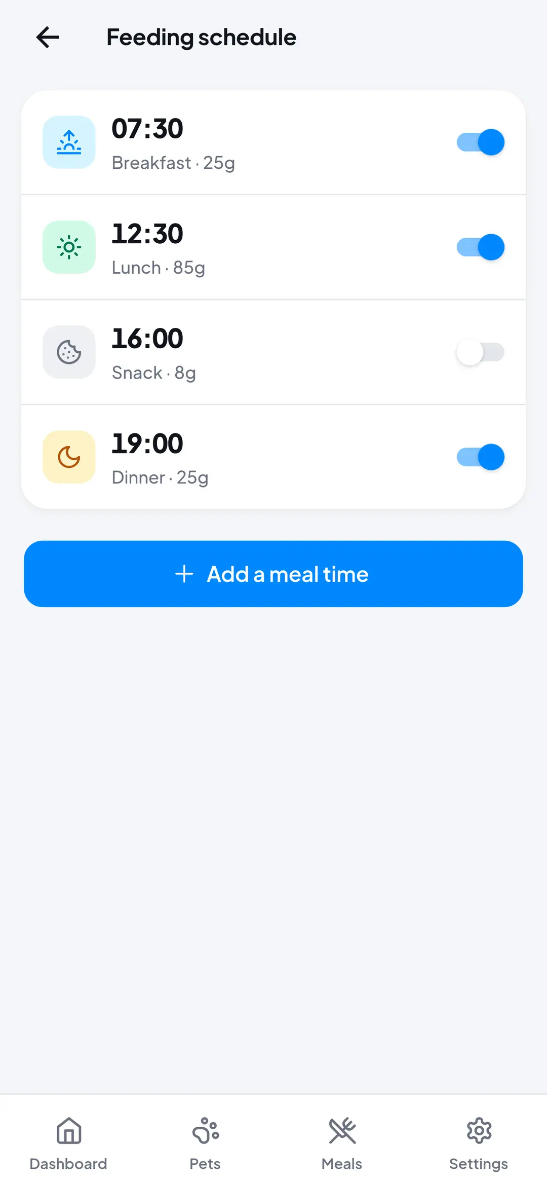 Feeding schedule with breakfast at 07:30, lunch at 12:30 and dinner at 19:00